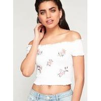 womens embroidered shirred bardot crop top white