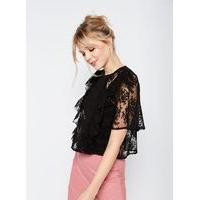 Womens Black Lace Ruffle Blouse, BLACK