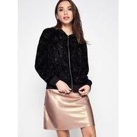 Womens PREMIUM Velvet Embellished Bomber Jacket, Black