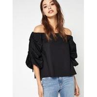 Womens Black Ruched Sleeve Bardot Top, Black