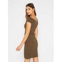 Womens Asymmetric Bardot Dress, Khaki