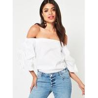 Womens Ivory Ruched Sleeve Bardot Top, White
