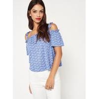 Womens Blue Broderie Cold Shoulder Top, Blue