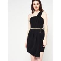 womens one shoulder pleat dress black