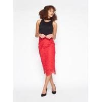 Womens PREMIUM Red Lace Midi Pencil Skirt, Red
