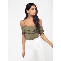 Womens Khaki V-Neck Frill Bardot Top, Khaki