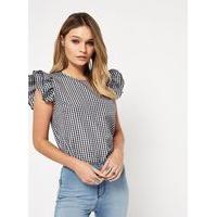 Womens Poplin Gingham Ruffle Blouse, Assorted