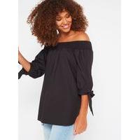 Womens Black Tie Poplin Bardot Top, Black