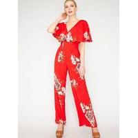 Womens Red Floral Cape Jumpsuit, Red