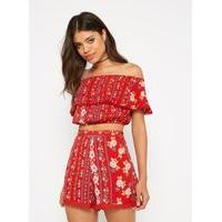 Womens Red Floral Print Crop Bardot Top, Red