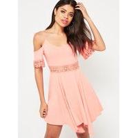 Womens PETITE Lace Skater Dress, Pink