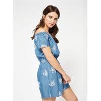 Womens Embroidered Bardot Playsuit, Denim