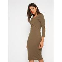 Womens Khaki Ribbed Cross Front Dress, Khaki