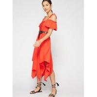 Womens Red Cold Shoulder Hanky Hem Midi Dress, Red