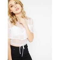 Womens PETITE Spotted Mesh Crop Top, Ivory