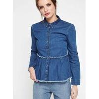 Womens Raw Edge Peplum Denim Shirt, Indigo