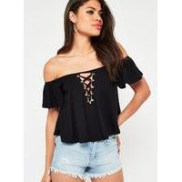 Womens Black Lattice Metal Bardot Top, Black