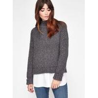 Womens Charcoal Chunky 2 In 1 Knitted Jumper, Mid Grey