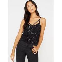 Womens Black Embellished Strap Camisole Top, Black