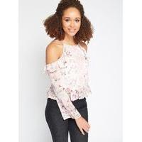 womens premium printed cold shoulder blouse pink