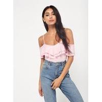 Womens Pink V-Neck Frill Top, Pink