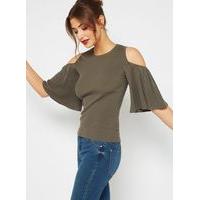 womens khaki angel sleeve ribbed knitted top khaki