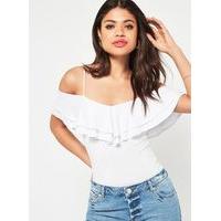 Womens White V-Neck Frill Top, White