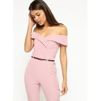 Womens Dusty Pink Bardot Belt Jumpsuit, Pink