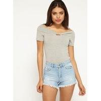 Womens Grey Twist Keyhole Bardot Top, Grey