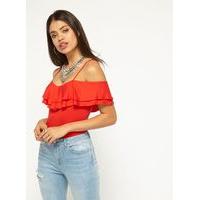 Womens Red V-Neck Frill Top, Red