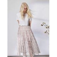 womens premium floral lace midi skirt pink