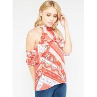 Womens Petite Cold Shoulder Top, Red