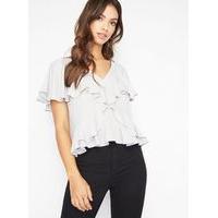 Womens PETITE Grey Ruffle Front Blouse, Grey