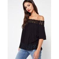 Womens Black Lace Bardot Top, Black