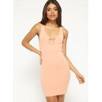 Womens Coral Ribbed Lace Up Dress, Coral