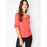 Womens Red Frill Sleeve Lattice T-Shirt, Red