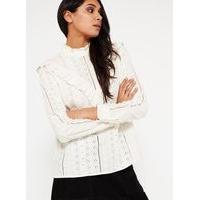 womens broderie ruffle front blouse white