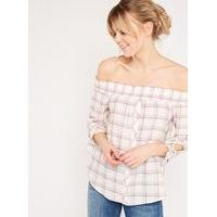 Womens Check Button Front Bardot Top, Assorted