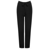 Women\'s Ladies plain black full length tie front waist straight leg popcorn crepe smart trousers