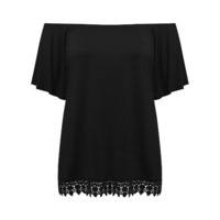 Women\'s Ladies Plus size short sleeve cotton stretch jersey crochet hem bardot gypsy top