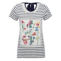Women\'s Ladies viscose short sleeve navy and white stripe pattern floral print tie back t-shirt
