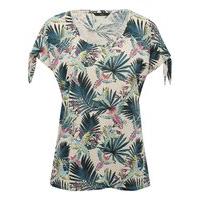 Women\'s Ladies short tie sleeve tropical floral print scoop neck pull on cotton blend top