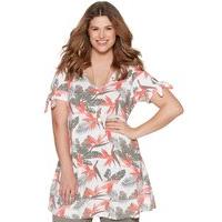 Women\'s Ladies Plus size stretch jersey short tie sleeve v neck tropical print tunic top