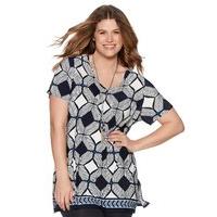 Women\'s Plus Ladies Short Sleeve Round Neckline Boho Tile Print Design Jersey Tunic Top