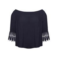 Women\'s Ladies navy petite bardot three quarter length sleeves lace trim cotton top