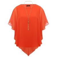 Women\'s Ladies orange chiffon layer batwing sleeve top asymmetric design top and necklace set