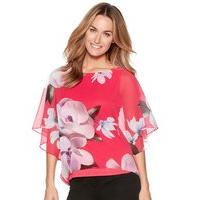 Women\'s Ladies sheer bright pink orchid floral print batwing sleeve kimono party top