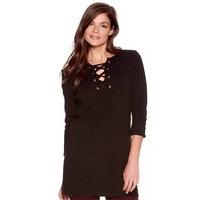 Women\'s Ladies 3/4 Sleeve Plain Black Eyelet Lace Up Neckline Tunic Jumper