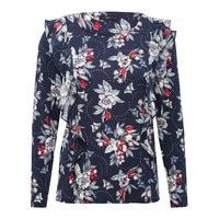 Women\'s Ladies jersey slim fit long sleeve scoop neckline floral print frill front casual top