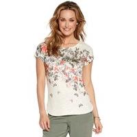 Women\'s Ladies linen knit blend short sleeve scoop neck relaxed floral butterfly print casual top